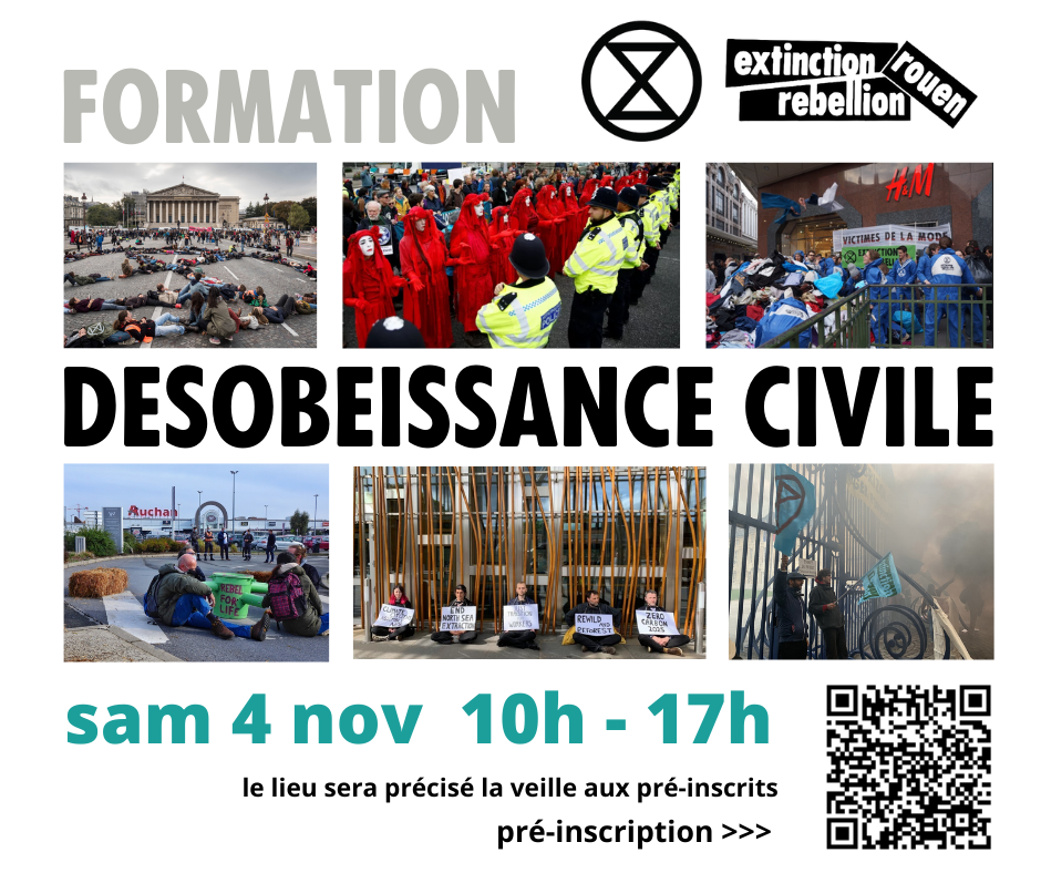 Plusieurs vignettes illustrant les différentes formes de désobéissance civile... et un qrCode de préinscription à la formation à la désobéissance civile samedi 4 nov de 10h à 17h à Rouen