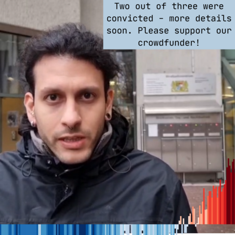 Agis, one of the scientists on trial, gives an update outside the court in Munich. Two of the three were convicted.