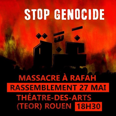 Visuel rouge et noir 
appelant au rassemblement 
contre le massacre à Rafah