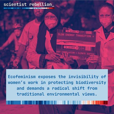 Scientist Rebellion protest in Africa. Women in lab coats hold a placard with these slogans:

“THE SCIENCE IS CLEAR 

SLOW ENERGY TRANSITION = OUR DESTRUCTION 

DEBT CANCELLATION = CLIMATE JUSTICE”

Text box: Ecofeminism exposes the invisibility of women's work in protecting biodiversity and demands a radical shift from traditional environmental views.