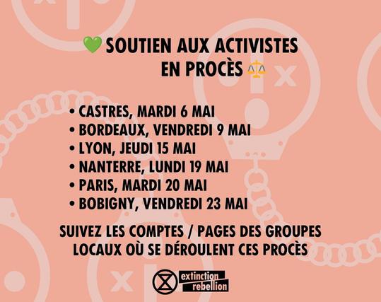 Agenda "juridique" des activistes de Extinction Rebellion en procès pour les 3 semaines à venir