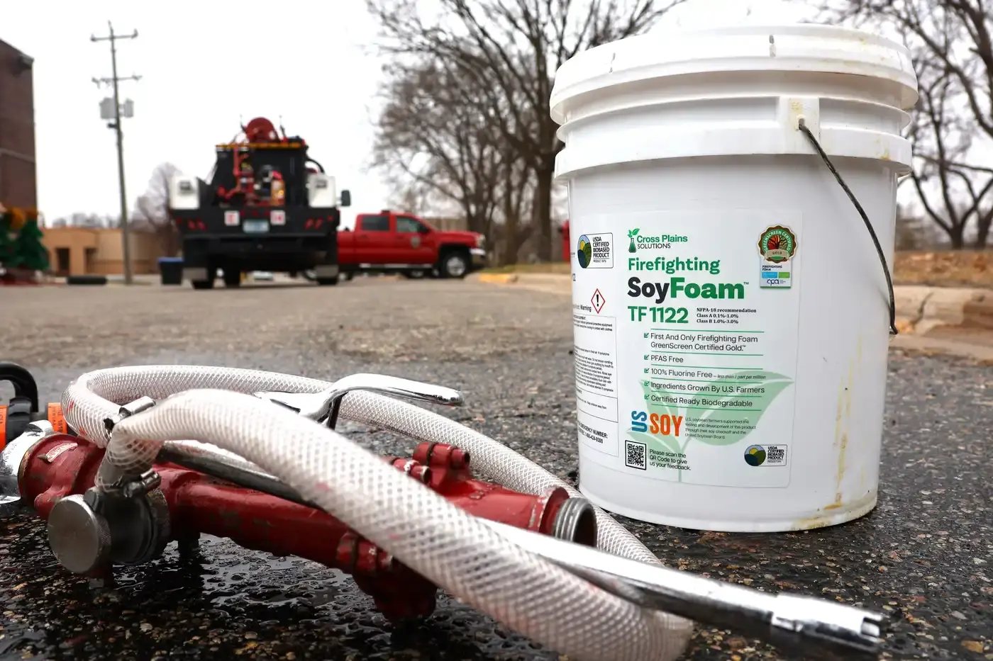 SoyFoam is a soy-based firefighting foam made from soy flour. It’s comparable in price to traditional foams without any of the dangers of forever chemicals known as PFAS.
Mathew Holding Eagle III | MPR News