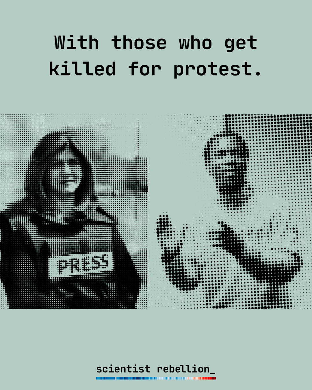 The two people described in the post are pictured here, their pictures made up of black dots on a pale green background. The South African land activist, a Black man, is speaking and gesturing with his hands. The Palestinian-US journalist is smiling at the camera, wearing her press vest.